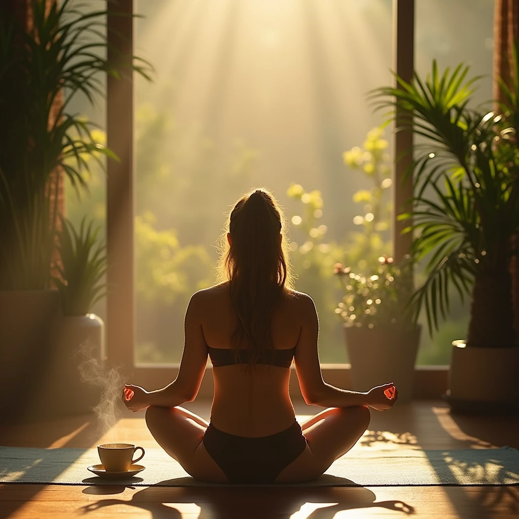 A peaceful meditation scene in the morning, with a person practicing mindfulness in natural surroundings.