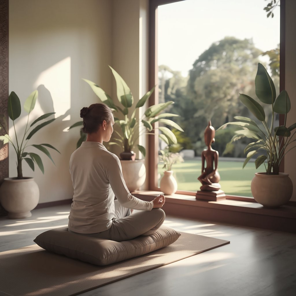 A serene meditation scene with a person sitting cross-legged on a cushion in a peaceful room with soft natural lighting, surrounded by minimalistic decor and a view of a lush green garden through the window