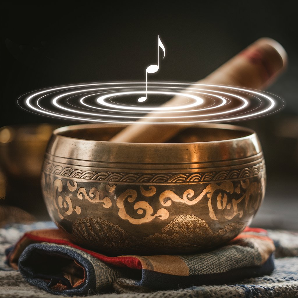 A close-up of a Tibetan singing bowl in use, with soft glowing ripples emanating from it to symbolize the calming vibrations of meditation music.