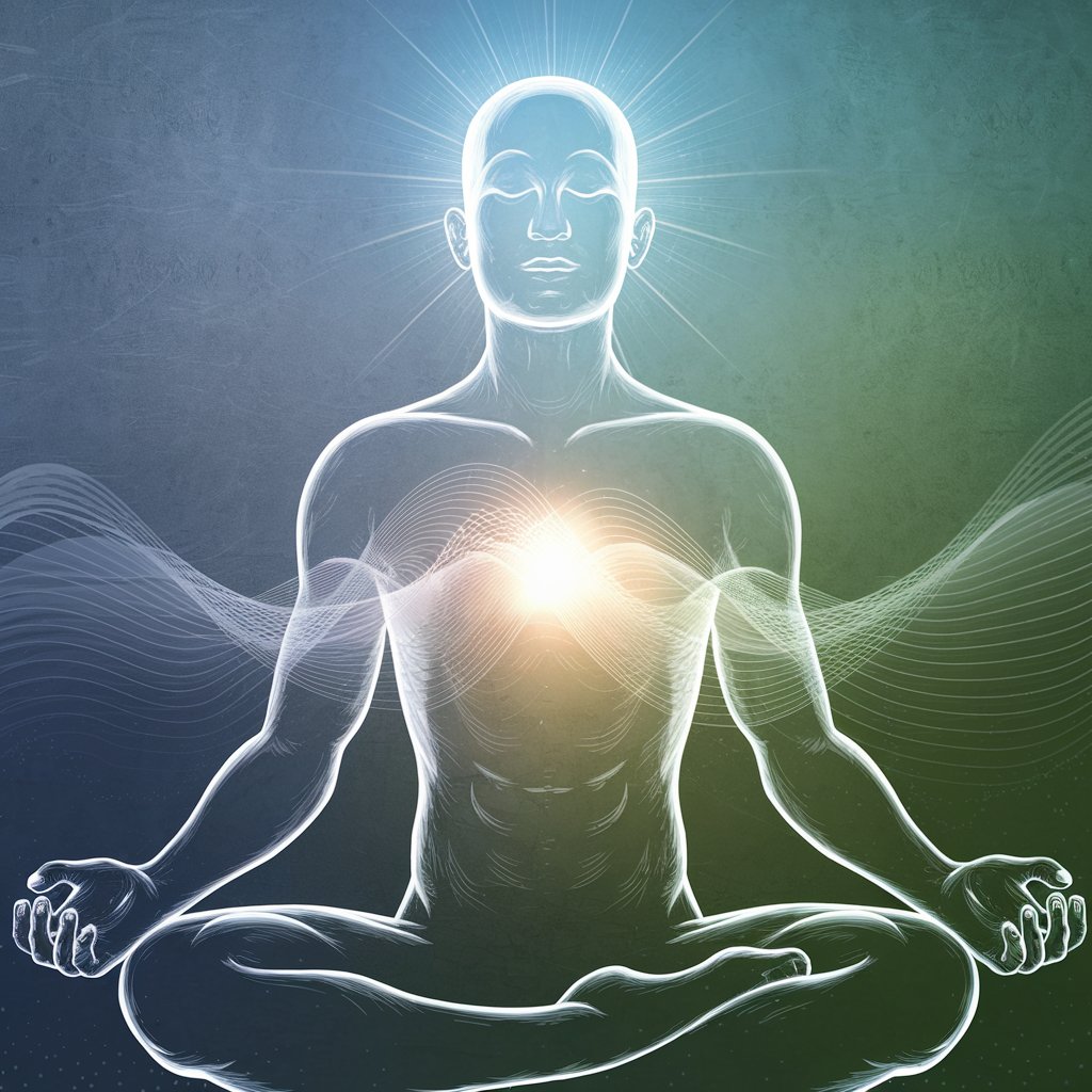 Breathing and Calmness Visual: "A close-up artistic representation of deep breathing during meditation, showing a glowing human silhouette with soft waves of light emanating from the chest and head, symbolizing calmness and mindfulness. The background is a gradient of soothing blue and green tones.