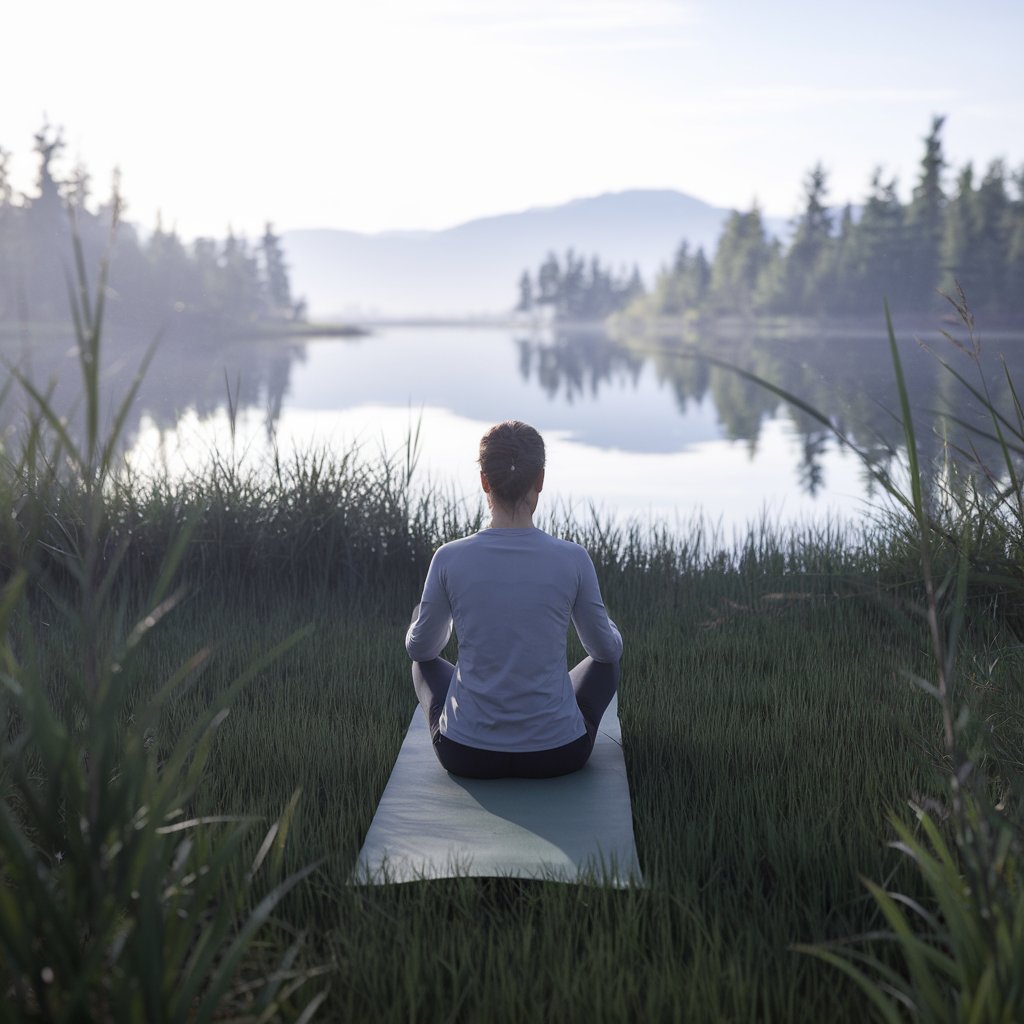 A soft illustration of how to meditate a person seated in lotus pose with a gentle pink glow around the heart area, signifying compassion and kindness.