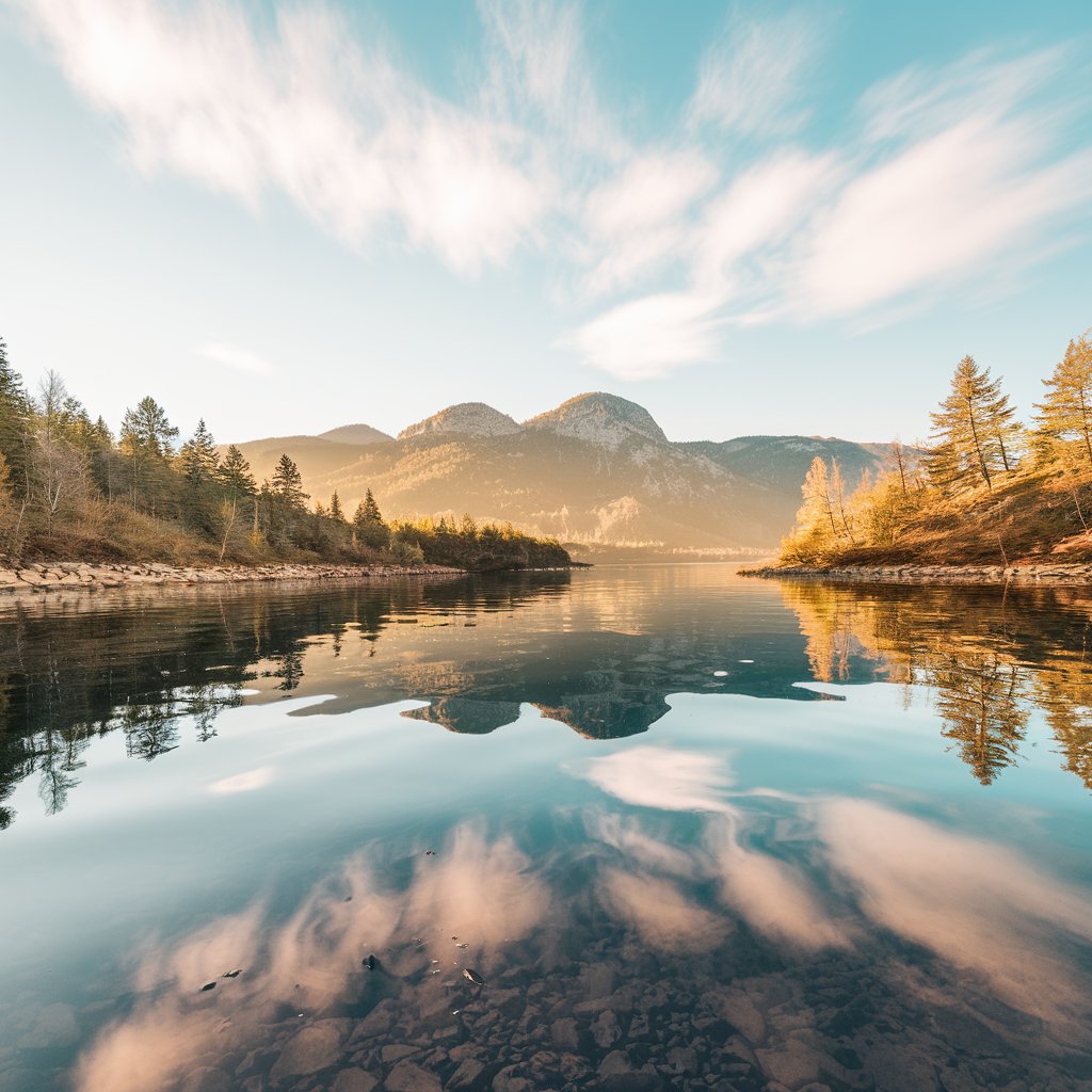 Wide, mirror-like water reflecting warm morning light Meditation