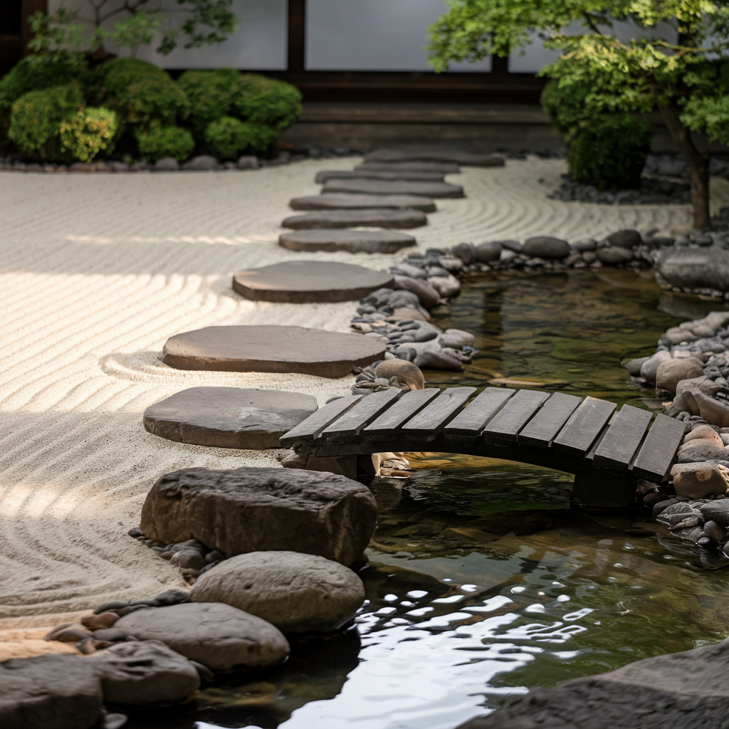 A calming image of a walking meditation path in a Zen garden. Feature smooth raked sand, stepping stones, and a small, traditional wooden bridge over a clear stream. The setting should be bathed in soft light with a focus on simplicity and mindfulness, ideal for portraying the essence of meditation.