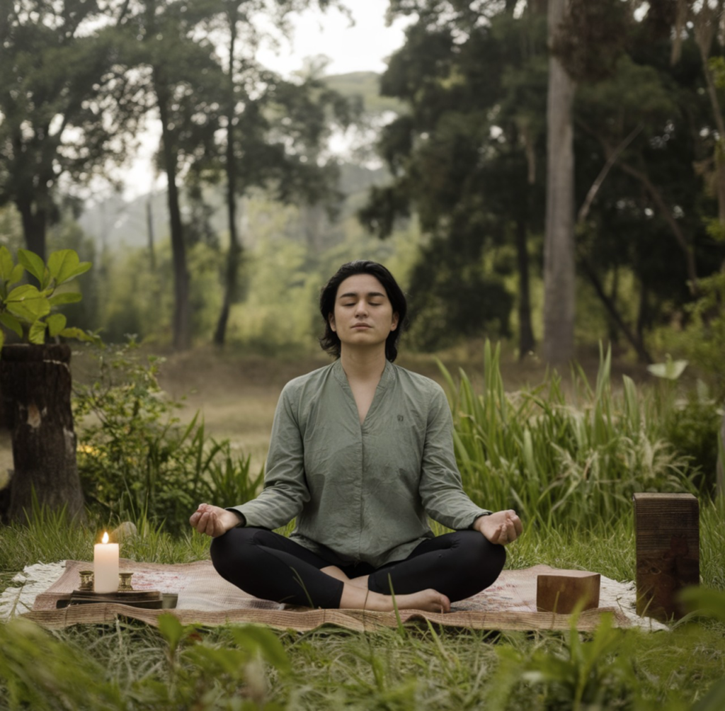 A person meditating outdoors in a serene natural setting, sitting cross-legged on a mat with a lit candle, practicing mindfulness in the midst of greenery.