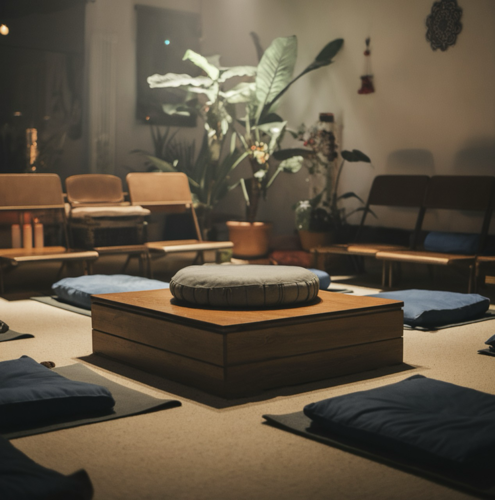 A peaceful meditation room with cushions arranged on the floor, surrounded by plants and soft lighting, creating a calm and inviting space for mindfulness exercises.