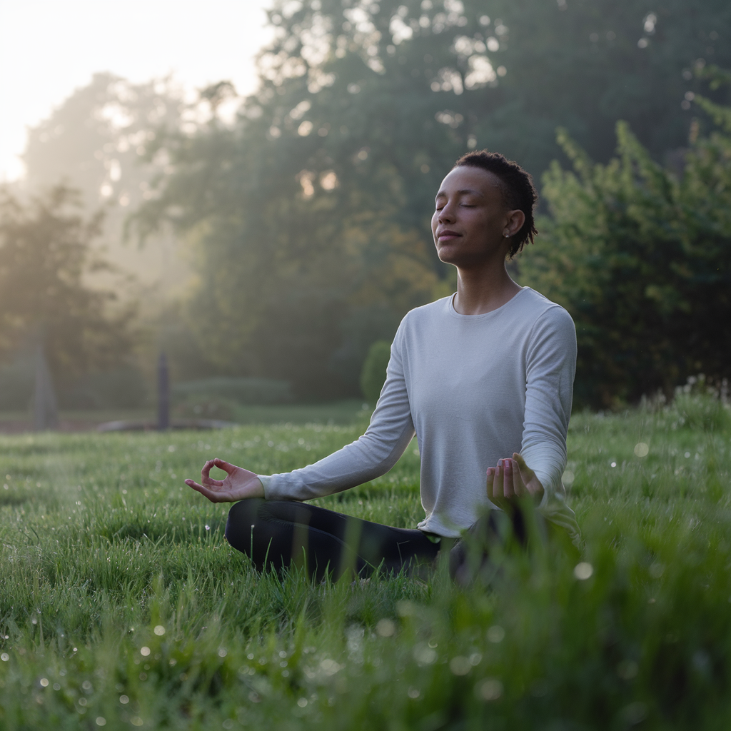 A serene scene of a person meditating outdoors in a quiet, lush green garden at sunrise. The focus is on the person sitting cross-legged with their hands resting on their knees, eyes closed, and a peaceful expression. The surrounding environment has soft lighting, dewdrops on grass, and a backdrop of trees to evoke calmness and mindfulness.