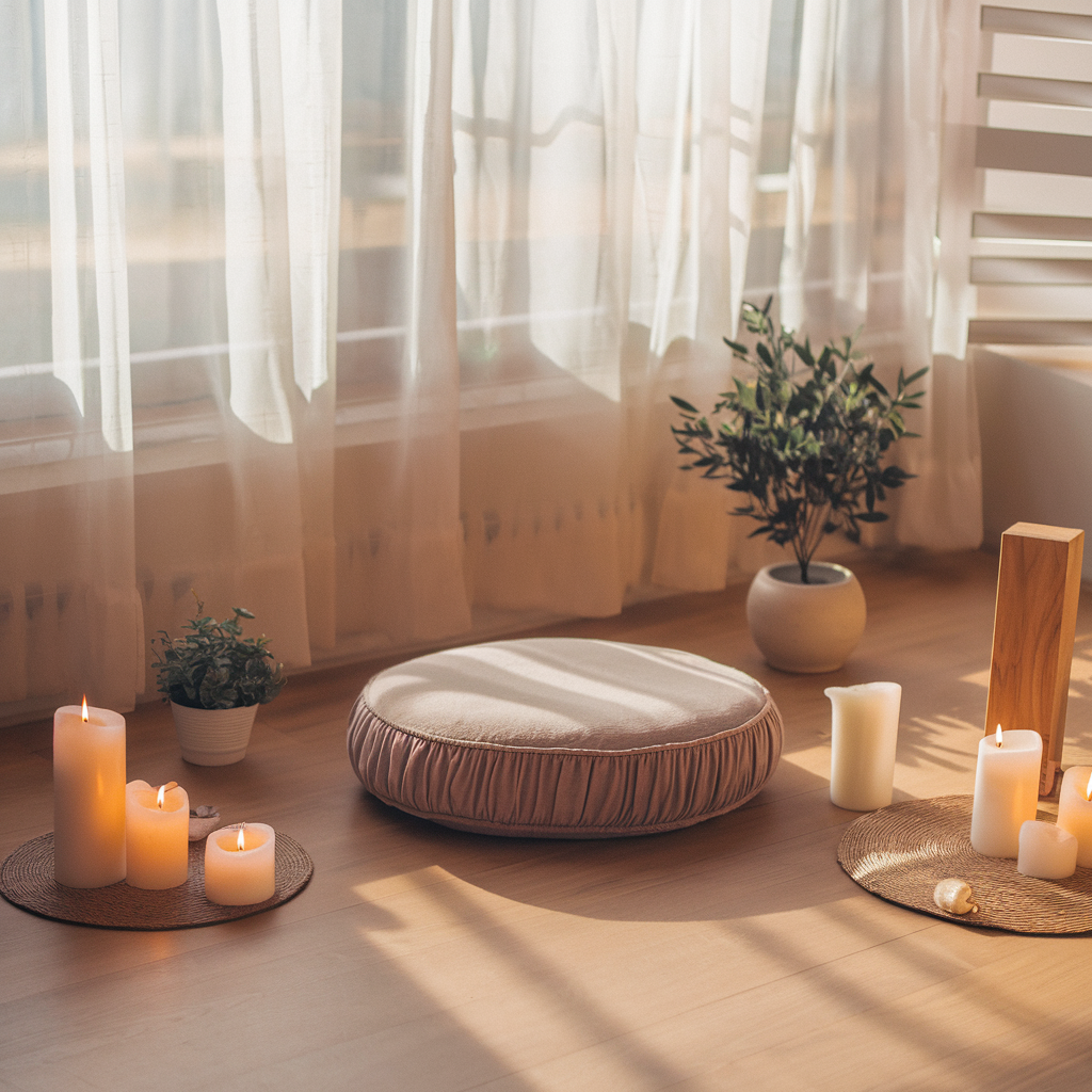 An artistic depiction of a meditation setup indoors with a soft, minimalist aesthetic. Include a comfortable cushion on a wooden floor, surrounded by candles, a small potted plant, and natural sunlight streaming through sheer curtains. The space feels warm, inviting, and ideal for beginners looking for tranquility.