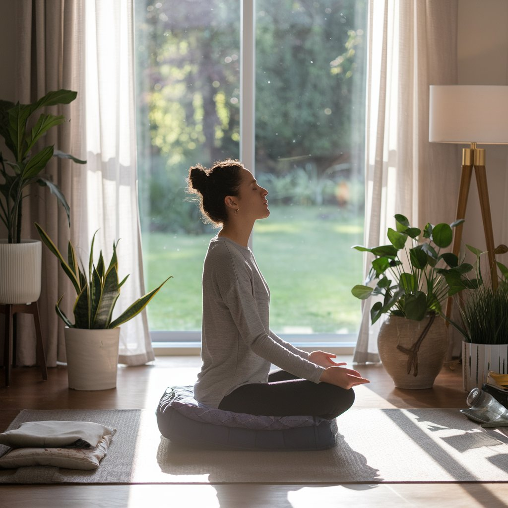 A serene Meditation for beginners scene with a person sitting cross-legged on a cushion in a peaceful room with soft natural lighting, surrounded by minimalistic decor and a view of a lush green garden through the window