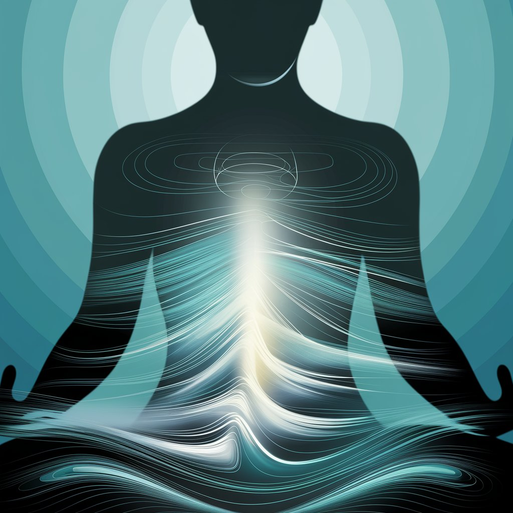 Breathing and Calmness Visual: "A close-up artistic representation of deep breathing during meditation, showing a glowing human silhouette with soft waves of light emanating from the chest and head, symbolizing calmness and mindfulness. The background is a gradient of soothing blue and green tones.