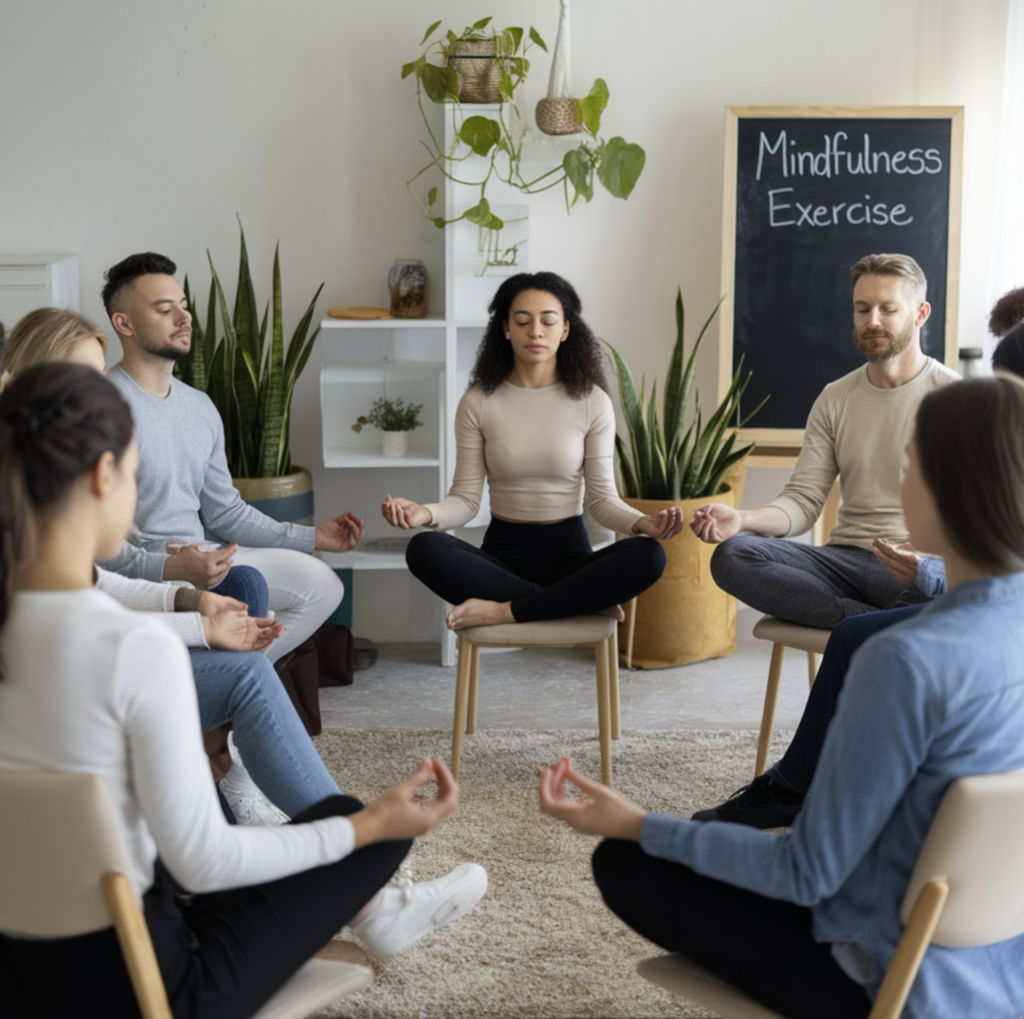 A group of individuals seated in a circle in a cozy room, participating in a guided mindfulness exercise led by an instructor.