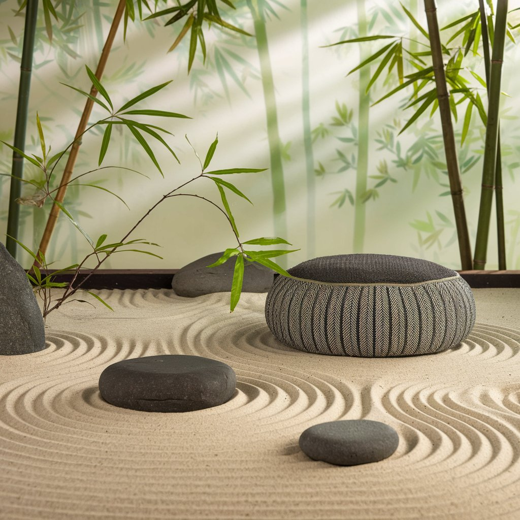 An artistic and calming image featuring a serene Zen garden with smooth raked sand, a few carefully placed stones, and a traditional meditation cushion. In the background, soft sunlight filters through bamboo trees, creating a tranquil and inviting atmosphere. The color palette should include soothing tones like soft greens, beige, and earthy browns, evoking a sense of peace and mindfulness.