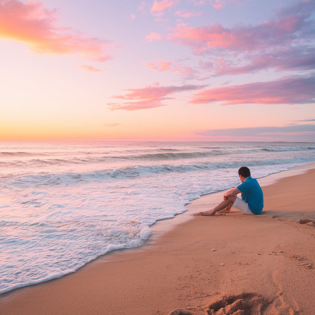 A dream-like scene featuring a calm beach at sunset with a person sitting in the sand, lost in thought, surrounded by soothing waves and pastel skies.