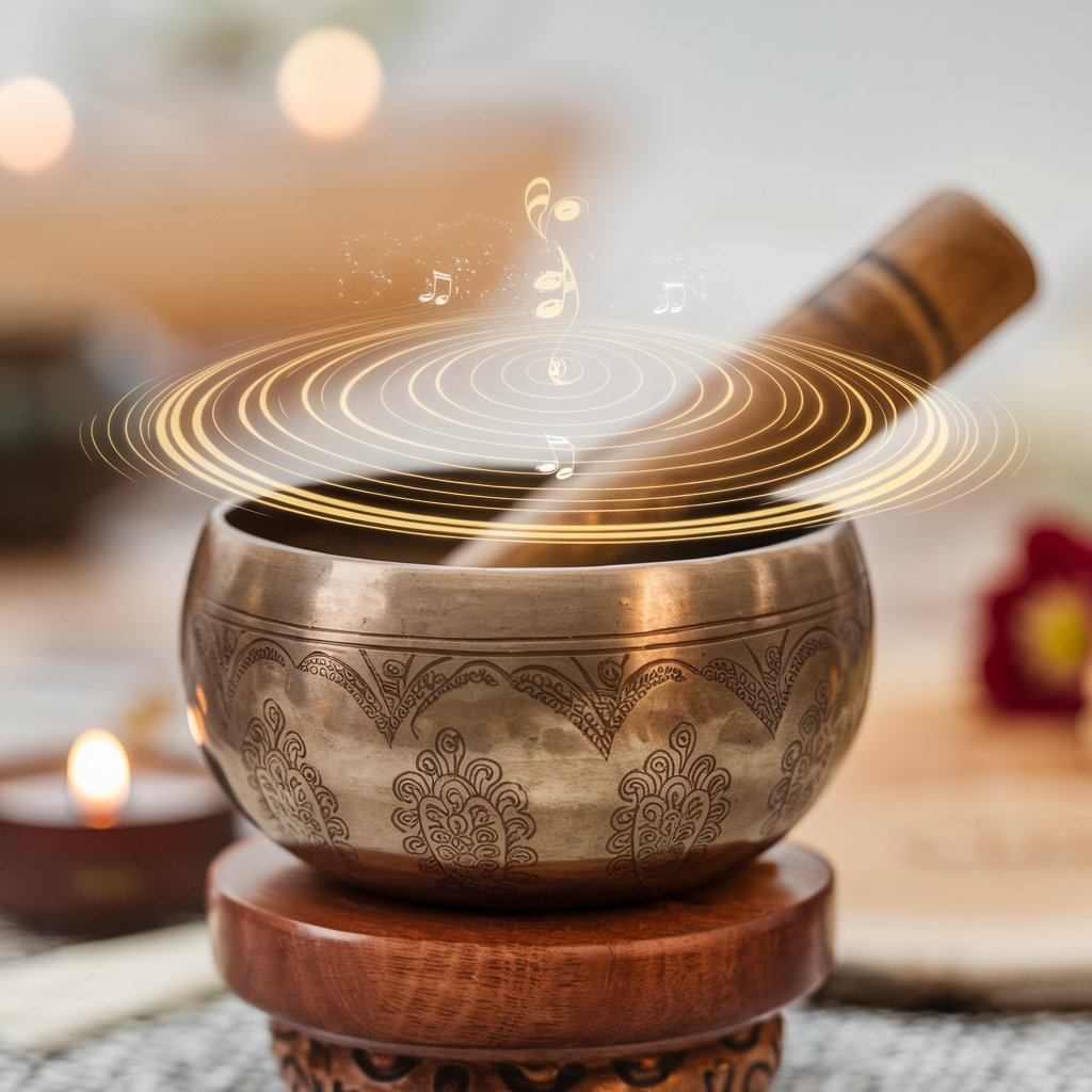 A close-up of a Tibetan singing bowl in use, with soft glowing ripples emanating from it to symbolize the calming vibrations of meditation music.