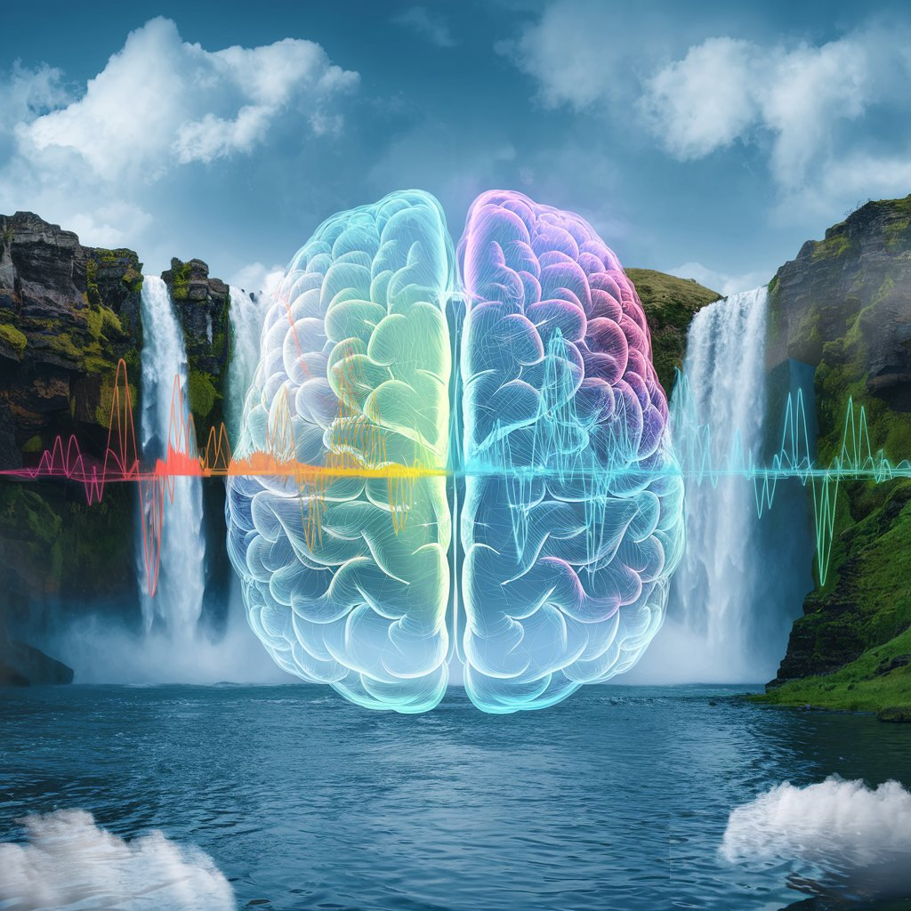 A digital visualization of brainwave patterns harmonizing, overlayed with imagery of soothing natural elements like waterfalls and clouds, representing the effects of meditation music.