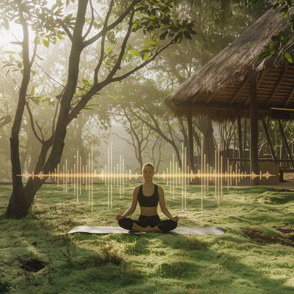 A serene forest setting with soft sunlight filtering through the trees, accompanied by a calm figure meditating on a yoga mat surrounded by glowing sound waves.