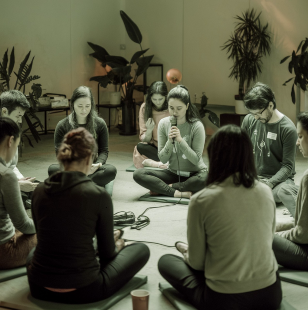 Participants in a meditation workshop sitting on mats, listening attentively to a facilitator holding a microphone in a tranquil indoor setting.