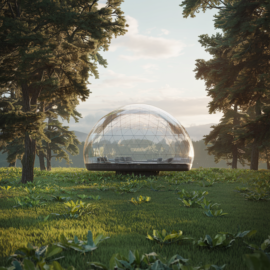 Futuristic meditation dome in a lush forest