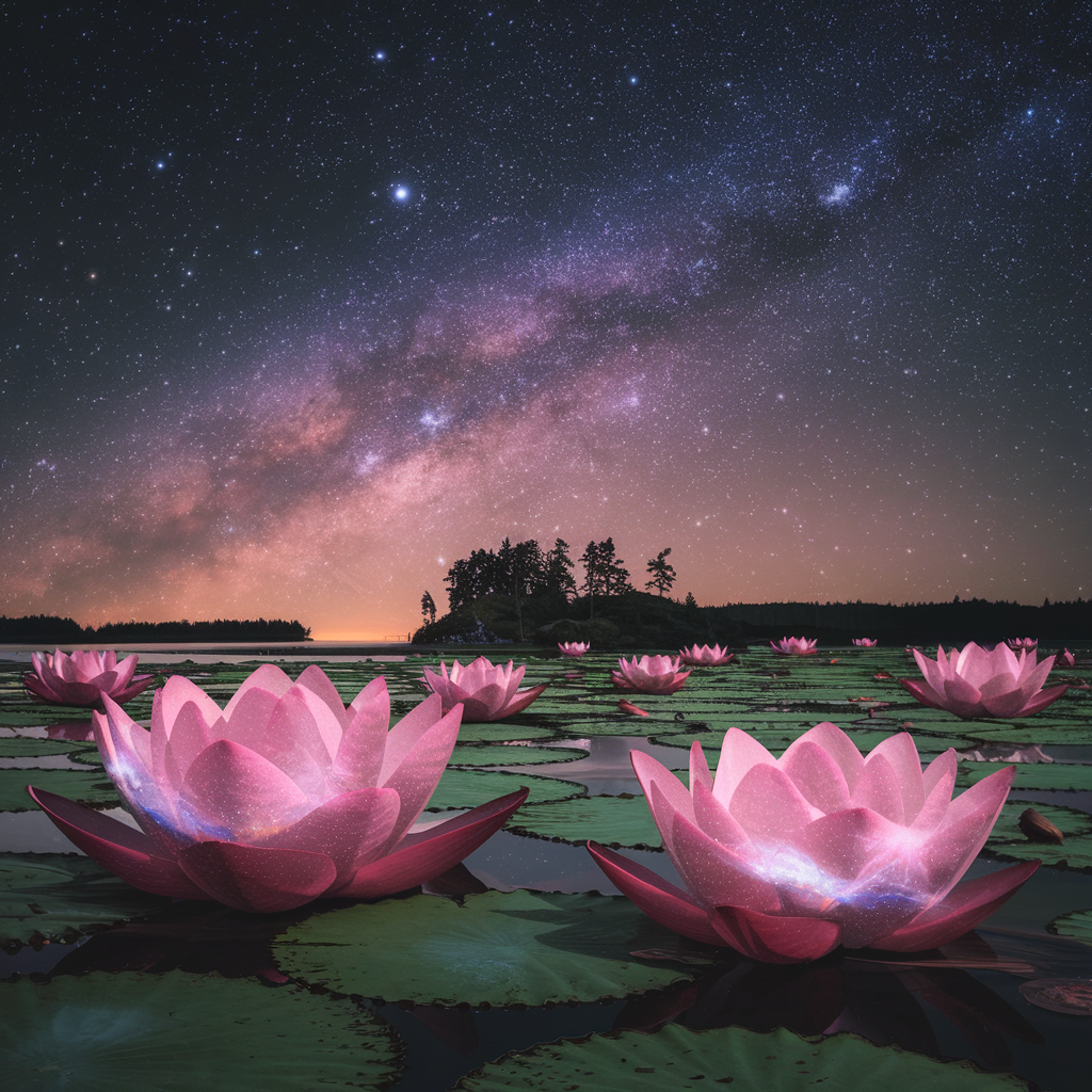 Cosmic lotus garden under a starry sky looking for a best meditation