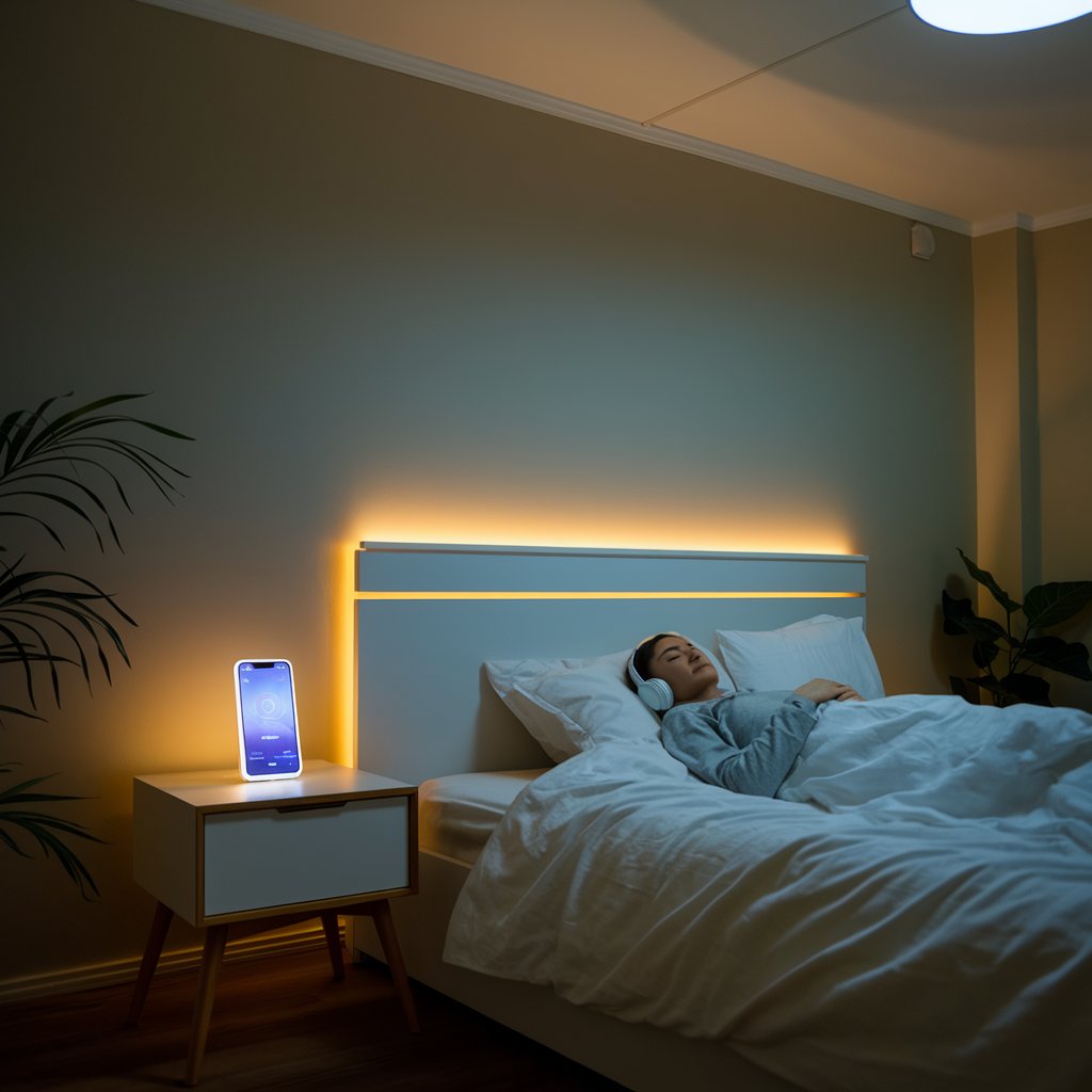 A peaceful bedroom with a person lying down with headphones on, a glowing meditation app screen on a bedside table, and dim ambient lighting.