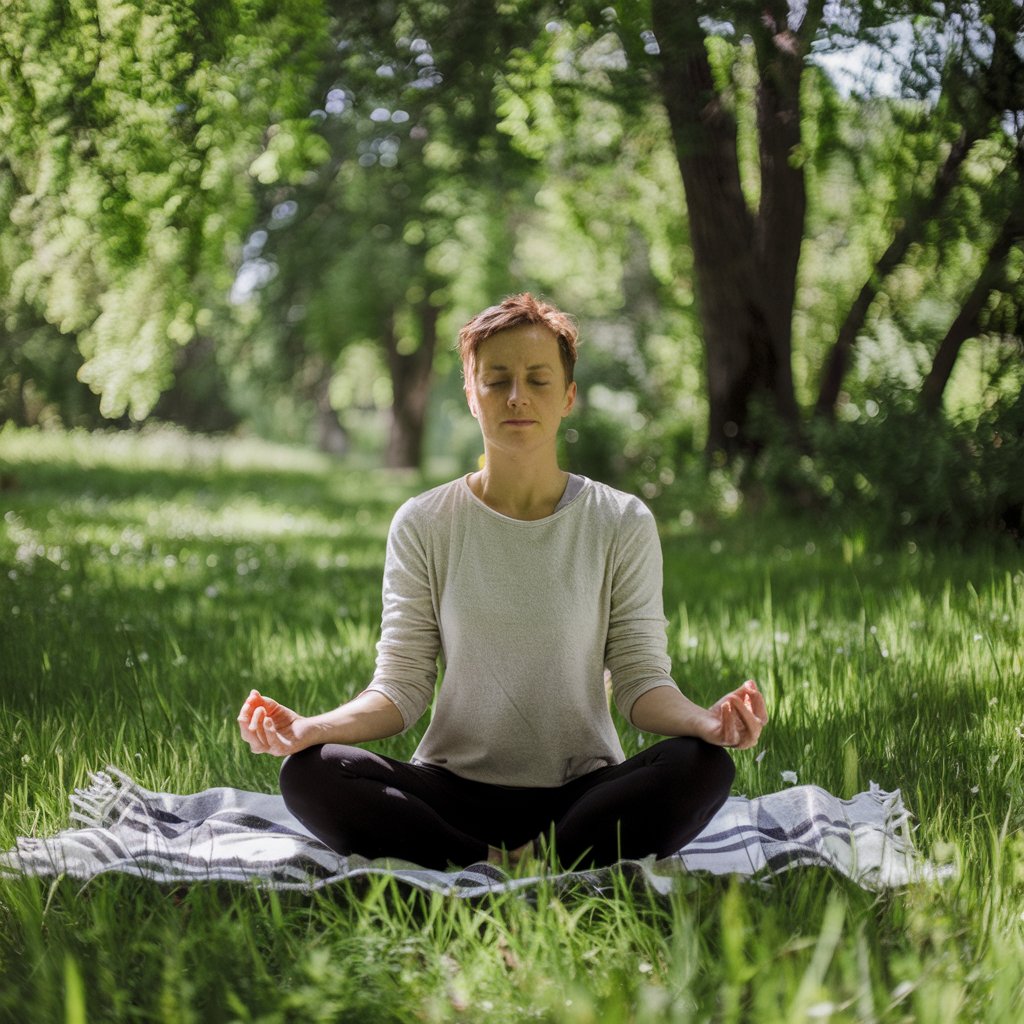 A serene scene showing a person meditating outdoors in a tranquil setting, surrounded by soft greenery and sunlight filtering through trees, emphasizing relaxation and focus.