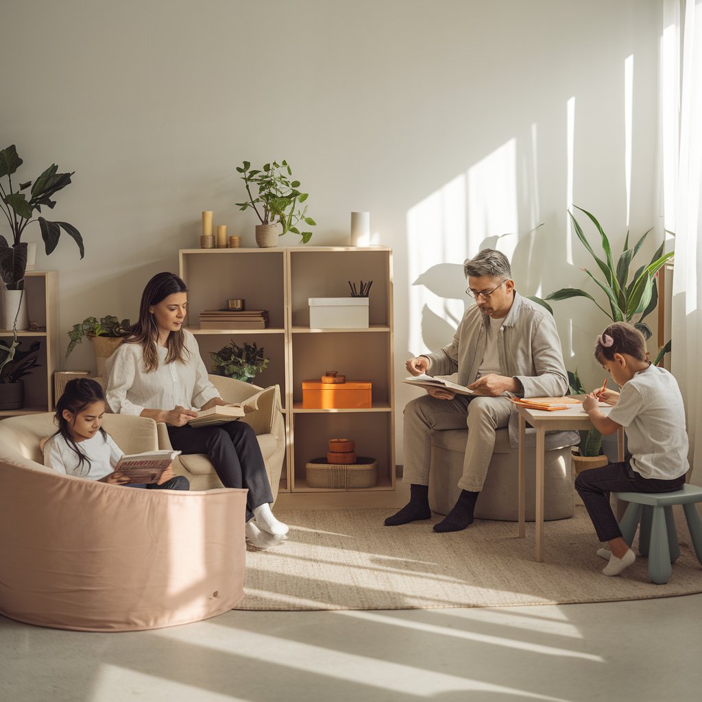 a warm and harmonious family scene illustrating the concept of 'clear boundaries family structural.' Show a modern living room where a family sits together. The parents are calmly discussing or working, one child is reading a book in a cozy corner, and another is drawing at a small desk. Highlight personal space with organized areas, such as shelves or dividers, symbolizing clear roles and boundaries. Add elements like natural light streaming in, indoor plants, and soft decor to emphasize emotional well-being and structure. The overall vibe should convey balance, respect, and connection