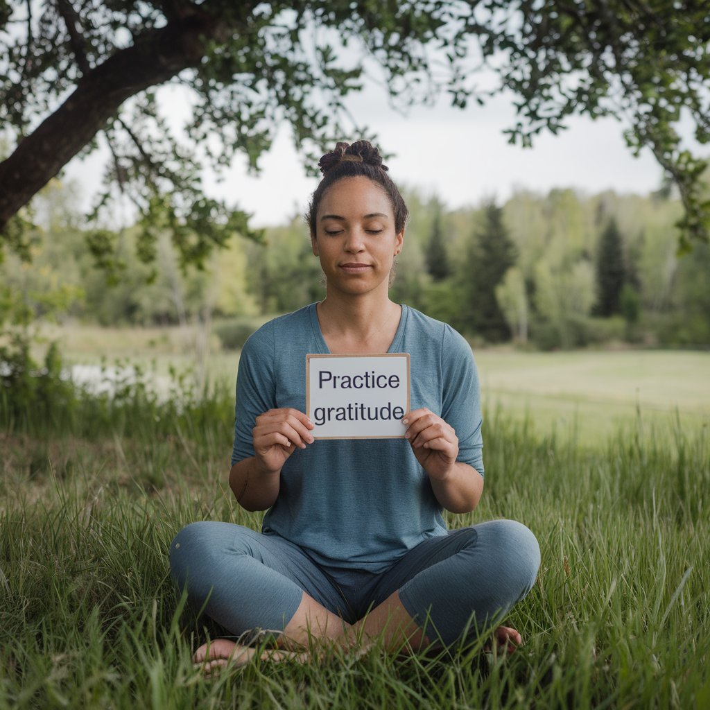 Person practicing positive habits outdoors with a calm expression