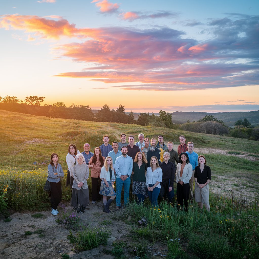 A diverse group of individuals standing together on a sunrise hilltop, symbolizing personal growth and empowerment. The scene is vibrant with warm colors, showcasing a sense of achievement and positivity