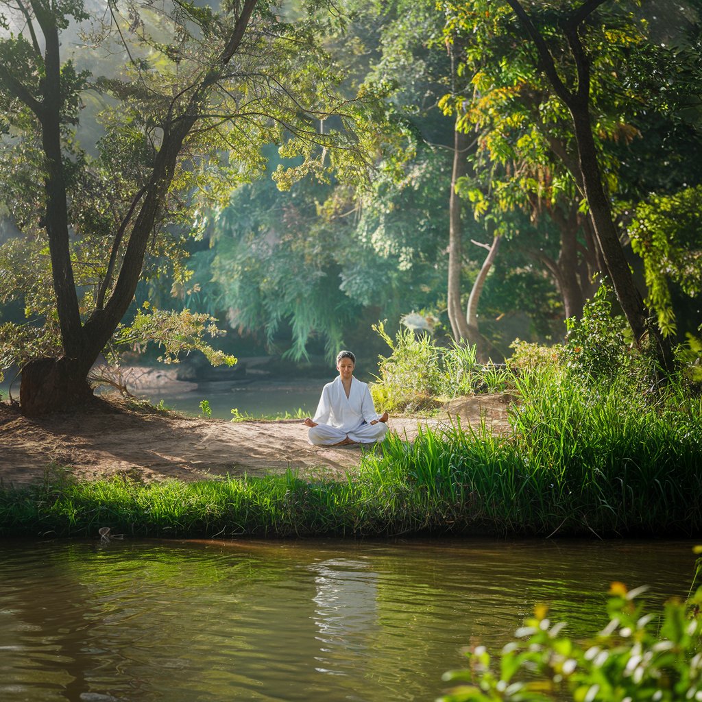 An outdoor meditation setting in a serene forest, with a person sitting in a lotus position near a calm river, soft sunlight streaming through the trees, and vibrant greenery creating a tranquil atmosphere.