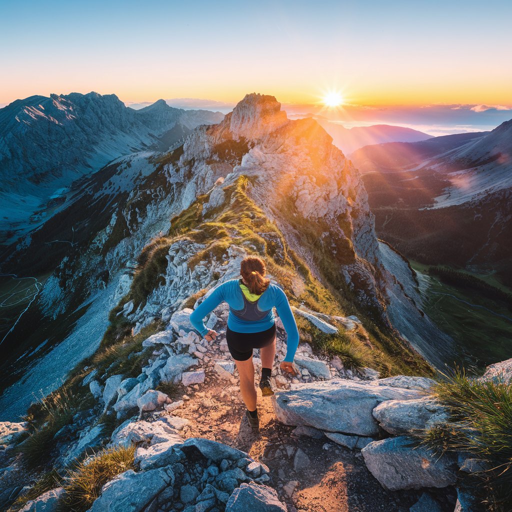 A dynamic scene of a person climbing a steep mountain trail towards a glowing sunrise. The individual is captured mid-stride, exuding determination and resilience. Surrounding them are breathtaking landscapes with rugged peaks, lush valleys, and a clear sky transitioning from night to day. The vibrant colors of the sunrise symbolize new beginnings and the promise of achievement, while the challenging terrain represents the obstacles one must overcome to reach their goals.