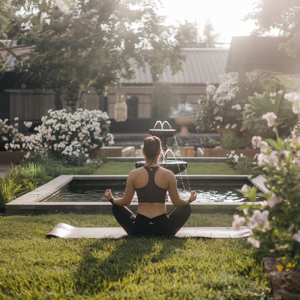 A photo of a person meditating in a serene environment. The person is seated cross-legged on a yoga mat in a lush garden. Surrounding them are blooming flowers, a small water fountain, and soft morning light. The atmosphere is peaceful and tranquil.