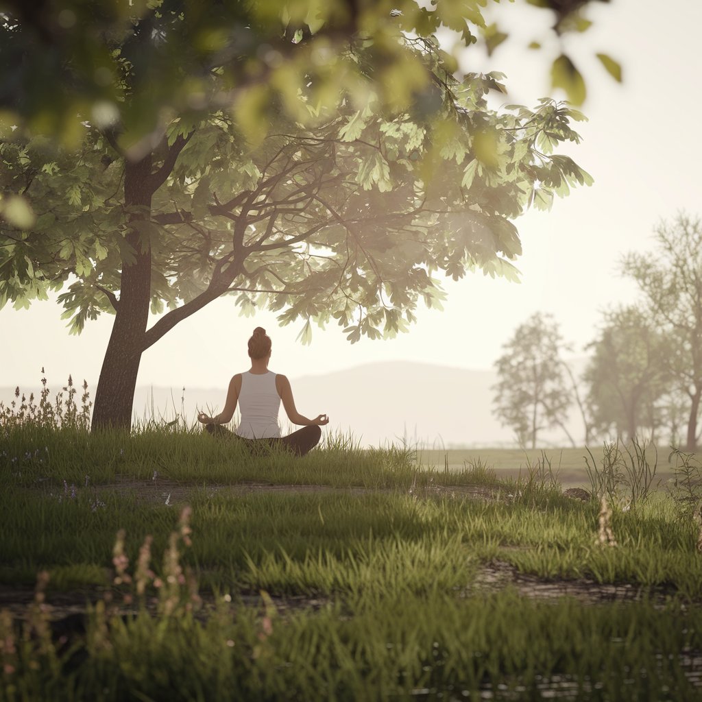 A peaceful outdoor setting with a person meditating in the lotus position under a tree. The atmosphere is serene, with soft sunlight filtering through the leaves, symbolizing clarity and inner peace