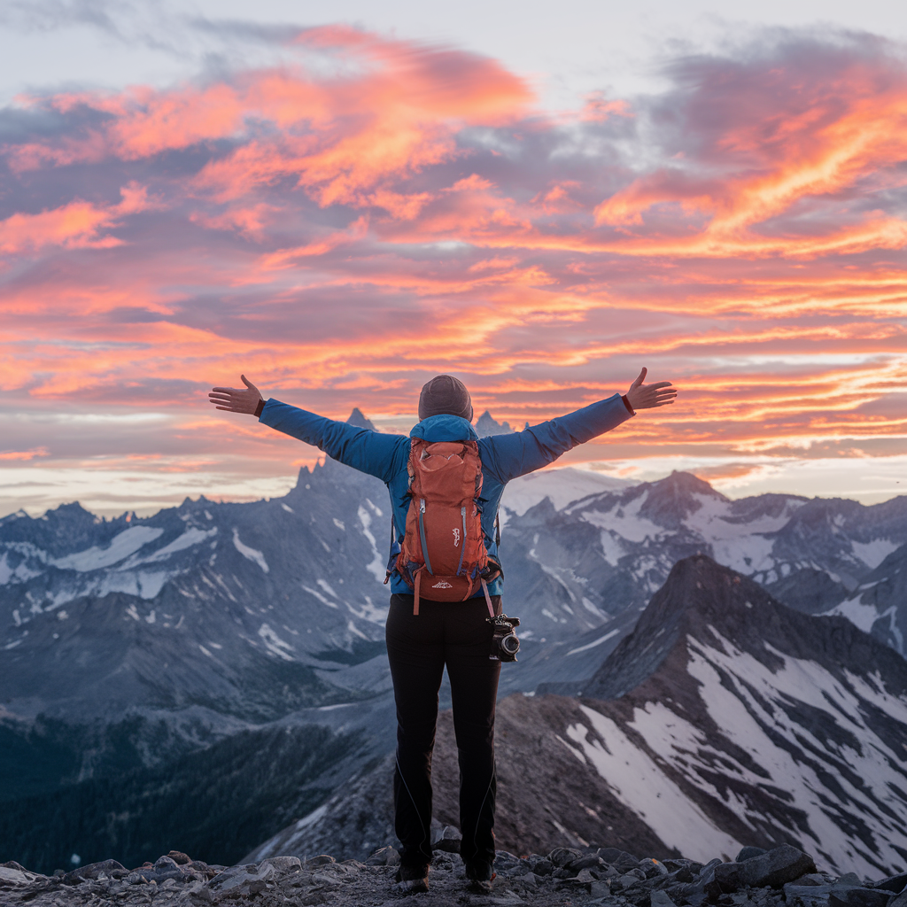 A person standing on top of a mountain at sunrise, arms outstretched in victory, representing the accomplishment of personal development goals