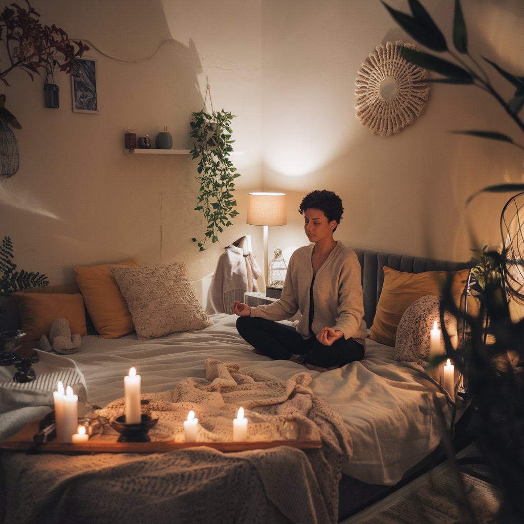 A cozy bedroom setting with dim lighting, soft pillows, and a person sitting cross-legged on a bed practicing meditation, surrounded by a calm and peaceful atmosphere.