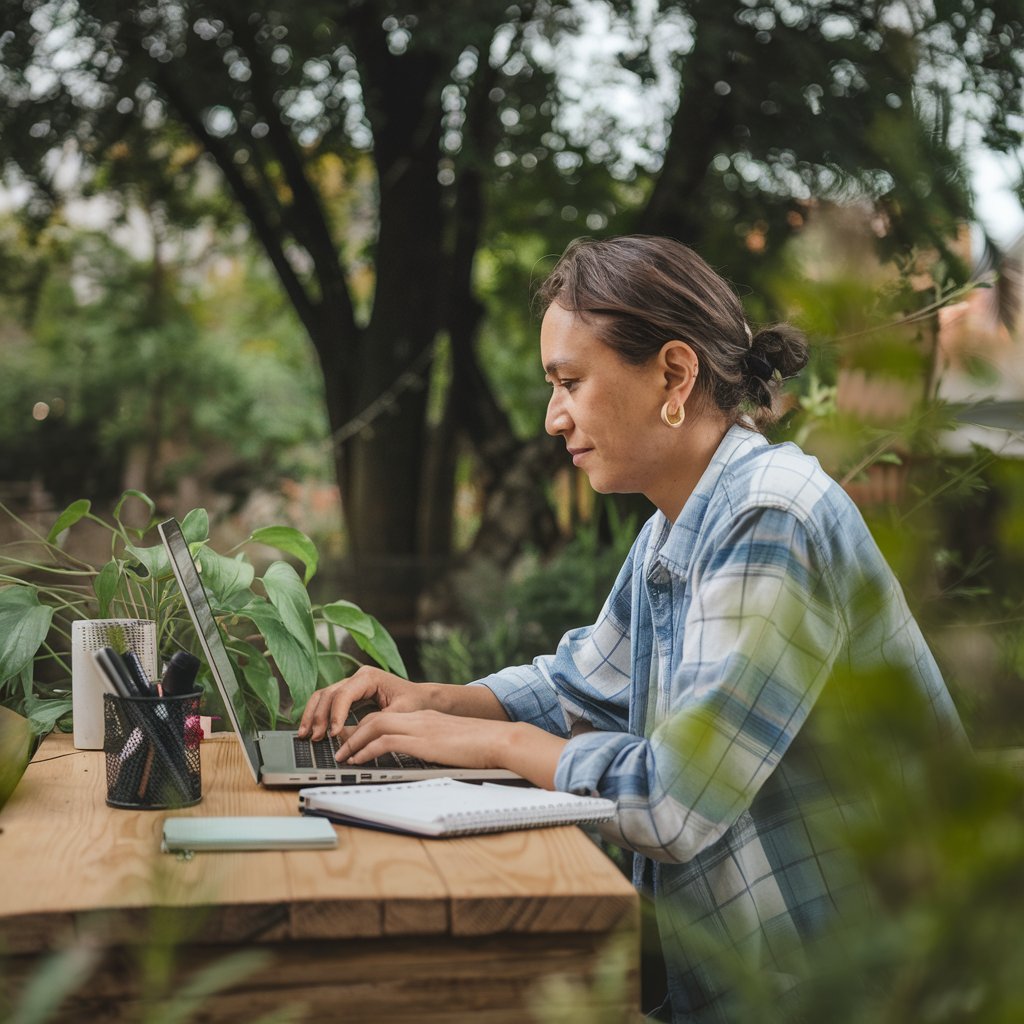 professional and visually appealing feature image for a blog post about productivity. The scene should depict a person working efficiently in a serene outdoor environment. The individual should have a calm and focused expression, seated at a sleek laptop on a tidy workspace setup that includes a planner, a cup of coffee, and some greenery like potted plants or a small tree nearby. Incorporate elements that symbolize balance and efficiency, such as a smartwatch or organizational tools. Use bright and inspiring colors with natural lighting to convey a sense of motivation and well-being. The overall aesthetic should be clean, modern, and inviting, highlighting the theme of achieving high productivity while maintaining a healthy work-life balance.