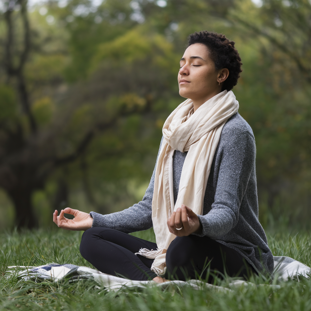 A serene image of a person meditating outdoors, focusing on mental health and mindfulness.