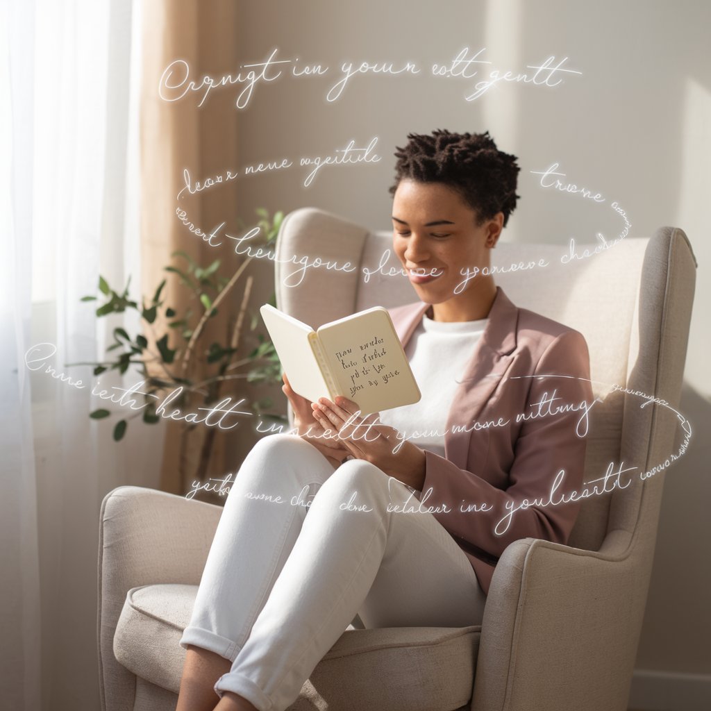 Create a serene and uplifting scene featuring a person sitting peacefully in a cozy, well-lit room. The individual is engaged in practicing affirmations, holding a journal with positive quotes visible on the pages. Surrounding the person are subtle, glowing affirmations written in elegant script, floating gently in the air. Incorporate soft pastel colors to evoke a sense of calm and positivity. Include elements such as a comfortable chair, a small indoor plant, and natural light streaming through a window to enhance the tranquil atmosphere. The overall mood should be inspirational, professional, and friendly, emphasizing personal growth and mental well-being. Less