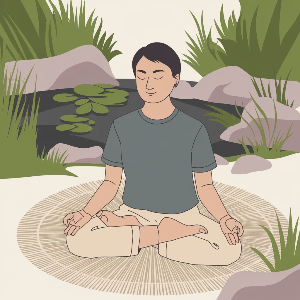 A serene illustration of a person practicing patience through mindful meditation, seated cross-legged in a quiet, nature-inspired environment.