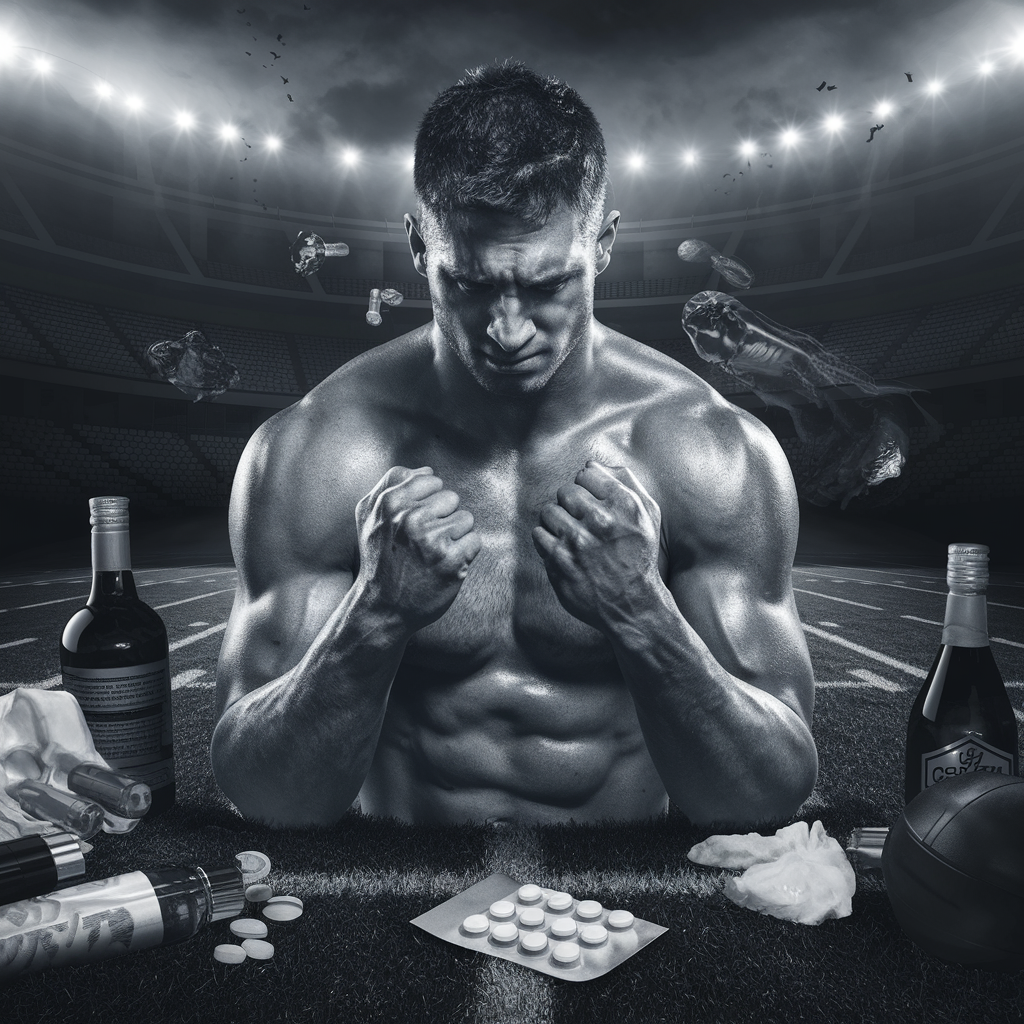 Create a high-resolution, sexy realistic professional athlete looking overwhelmed and stressed on a sports field. The athlete is visibly tense, with clenched fists and a worried expression. Surrounding the athlete are symbolic representations of unhealthy coping strategies such as alcohol bottles, pills, and excessive training equipment scattered around. The background should depict a sports arena with dim lighting to emphasize the somber mood. Incorporate subtle elements like dark clouds or shadows to highlight the theme of stress and unhealthy coping mechanisms.