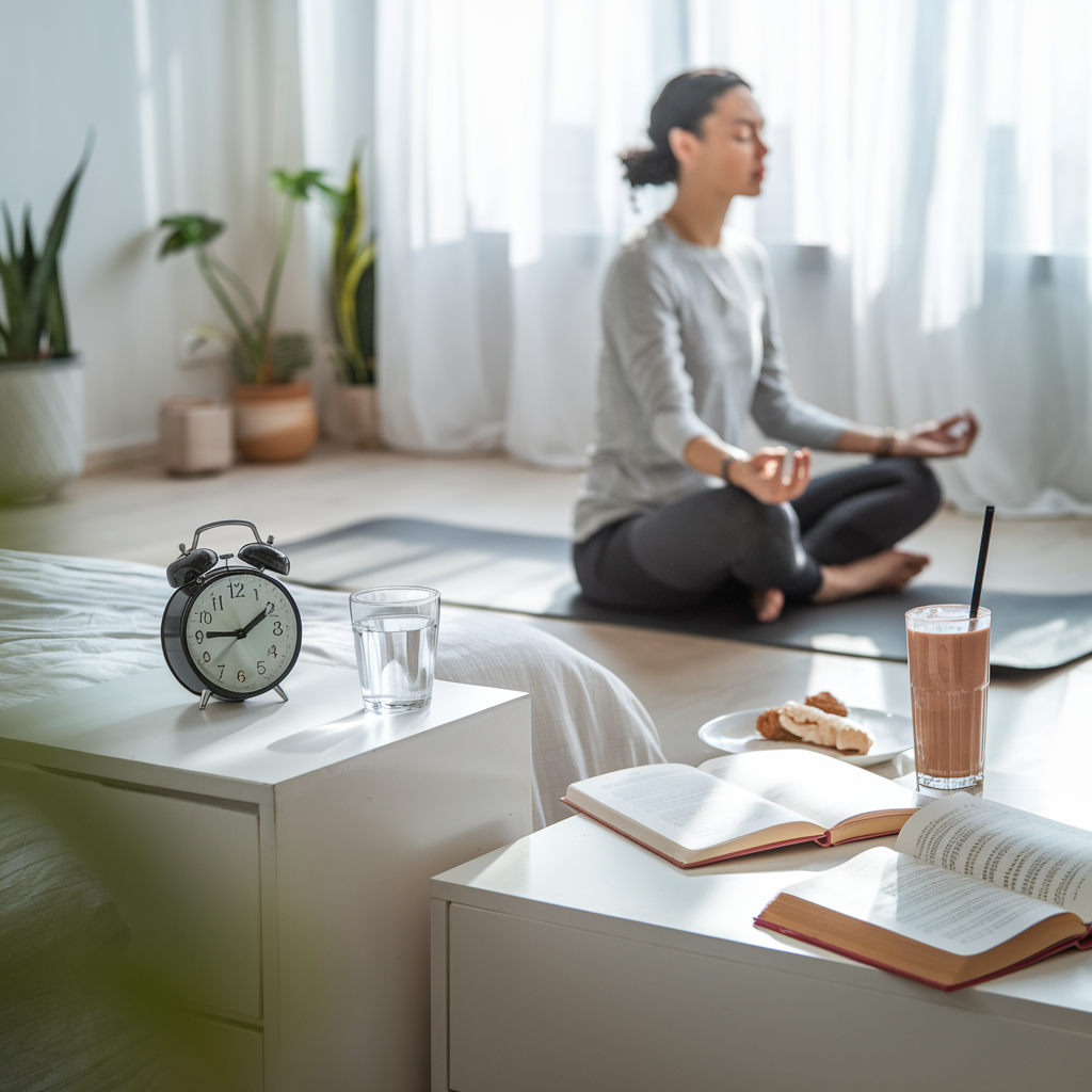 a serene bedroom scene bathed in early morning light. The room features an alarm clock reading 6:00 AM on a minimalist bedside table, a glass of water beside it. A person sits cross-legged on a yoga mat near a large window with light streaming in, practicing mindfulness meditation. A gratitude journal, an open book, and a healthy breakfast smoothie are placed nearby. The background showcases a tidy, inviting space with a cozy bed, soft lighting, and a hint of greenery from indoor plants, emphasizing a calm and productive morning vibe.