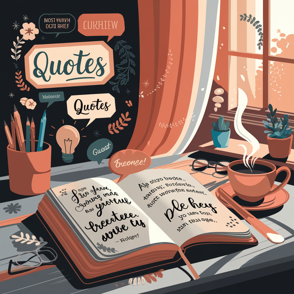 A vibrant and inspiring digital illustration showcasing a collection of motivational quotes. The scene features an open journal or notebook on a stylish desk, filled with beautifully handwritten or calligraphy-style quotes. Surrounding the notebook are decorative elements such as floating quote bubbles, lightbulbs symbolizing ideas, and subtle floral or geometric patterns to add elegance. A warm, natural light filters through a nearby window, casting a cozy and inviting glow. In the background, soft pastel colors blend seamlessly, creating an uplifting and positive atmosphere. Additionally, elements like a steaming cup of coffee, a pair of reading glasses, and a small potted plant enhance the sense of a peaceful and productive environment. The overall composition should evoke feelings of motivation, inspiration, and personal growth, making it perfect for a blog dedicated to empowering and uplifting content