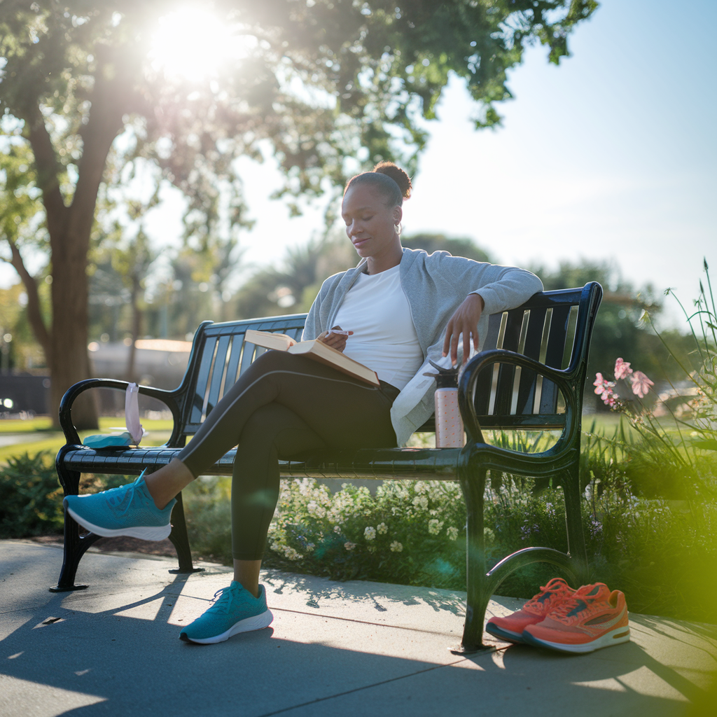 An individual practicing positive habits outdoors, sitting on a peaceful park bench with a book in hand and a journal beside them. The person has a calm and focused expression, symbolizing mindfulness and self-improvement. Sunlight filters through the trees, casting a warm and serene glow. A water bottle and a pair of running shoes are nearby, hinting at a healthy lifestyle. The background features nature elements like greenery, flowers, and a clear blue sky, emphasizing a tranquil and motivating atmosphere.