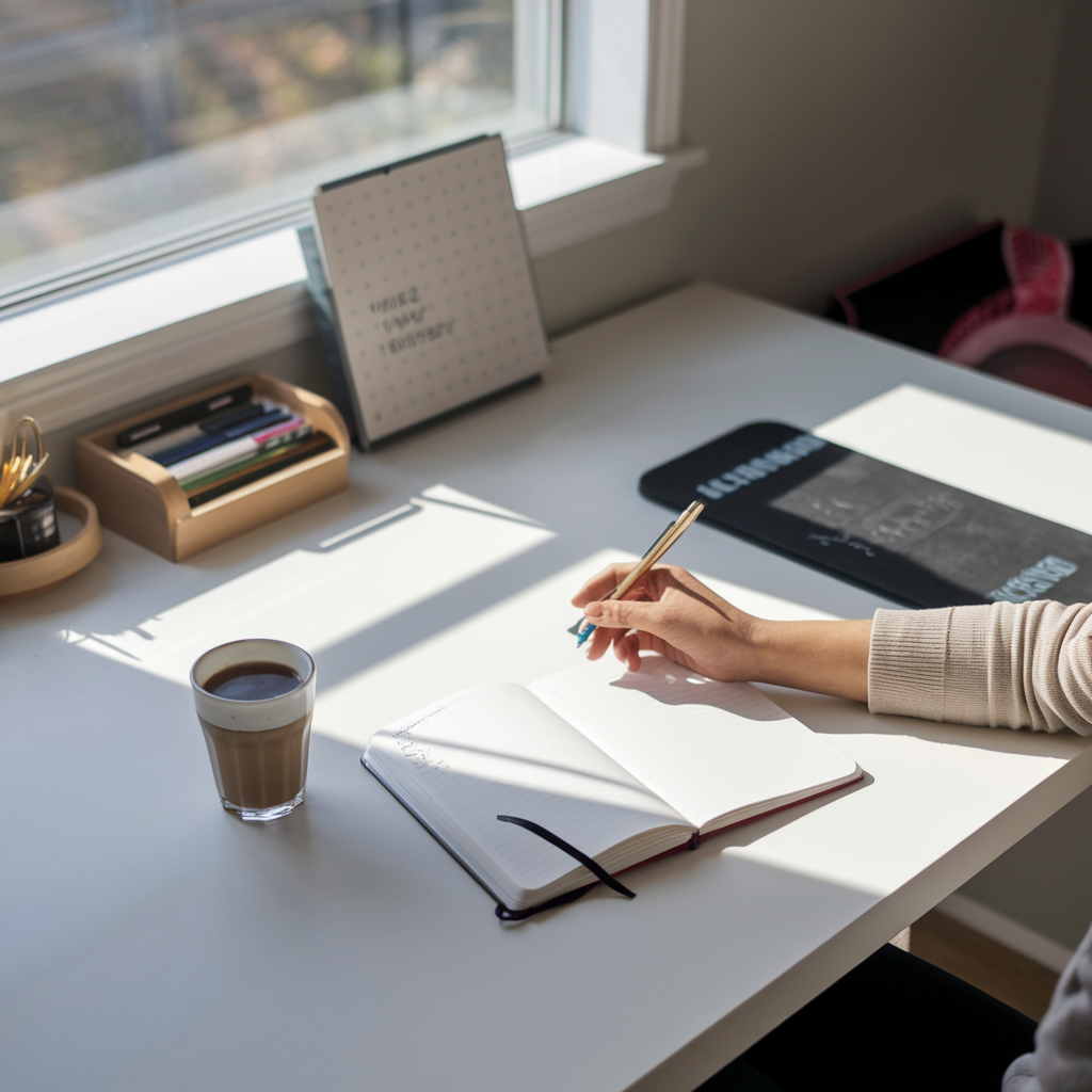 A photo of a person starting their day with a mindful routine. The desk is clean and organized, with a journal and a cup of coffee. There's a fitness mat in the background. Natural light streams in through a window. There's a habit tracker with a few filled-in days and a motivational quote on the wall.