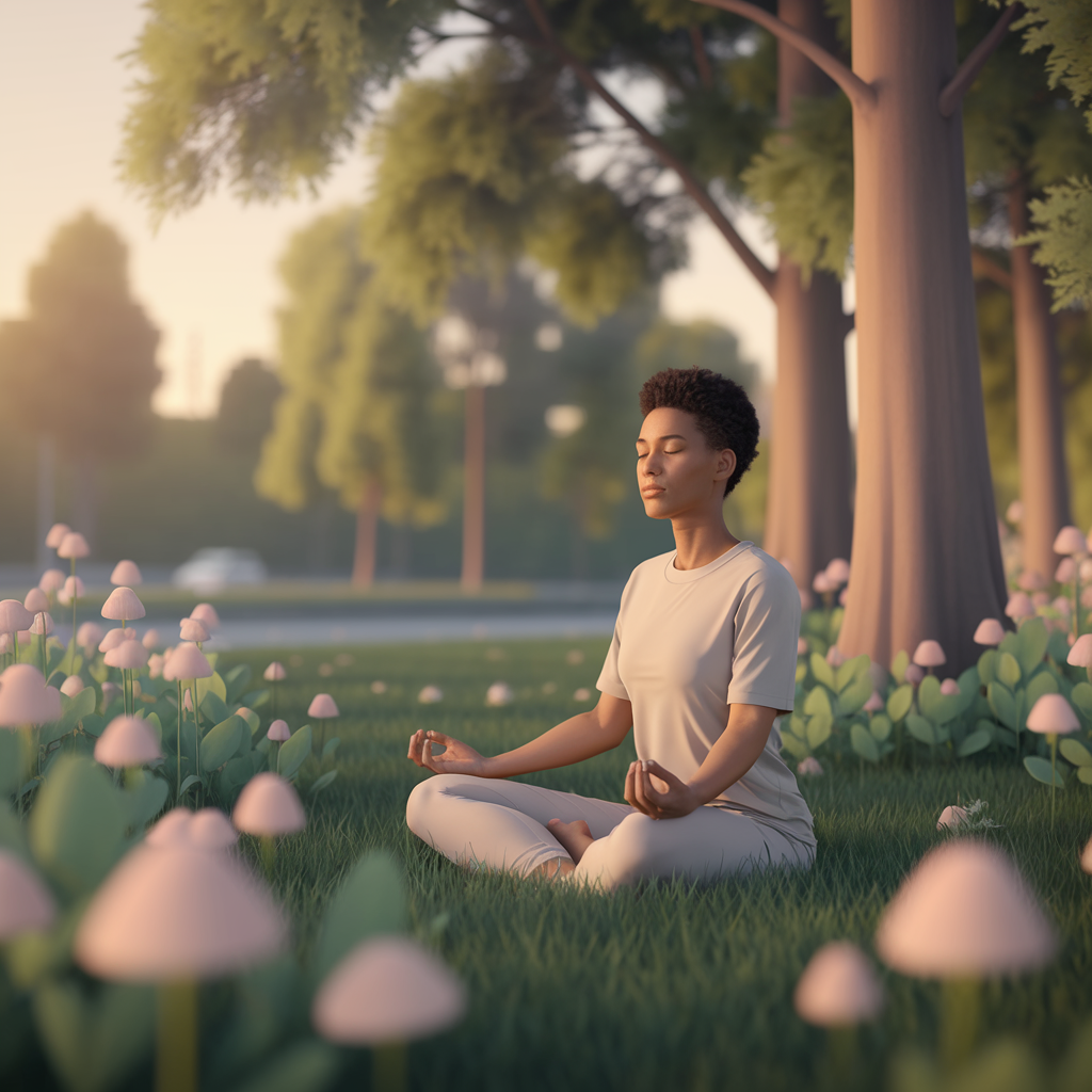 A serene outdoor scene featuring a diverse person practicing mindful meditation. They appear relaxed and at ease, eyes gently closed, with warm sunlight filtering through lush greenery. The surroundings include soft grass, tall trees, and gentle, pastel-colored flowers, symbolizing tranquility and emotional well-being. The overall color palette is warm, calming, and natural, reflecting themes of mental health, mindfulness, and inner peace. The composition should convey a sense of serenity, balance, and gentle self-care.