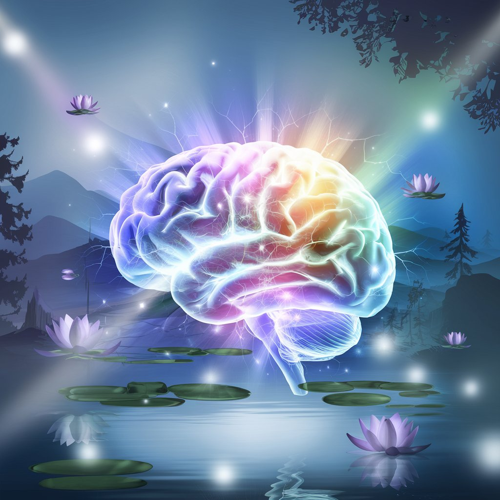 A serene and glowing human brain with visible neural connections illuminated in soft, radiant colors. The brain is surrounded by calming elements like floating lotus flowers, soft light beams, and a tranquil background symbolizing peace and mindfulness. The image should convey transformation, meditation, and mental clarity, with an ethereal and harmonious feel.