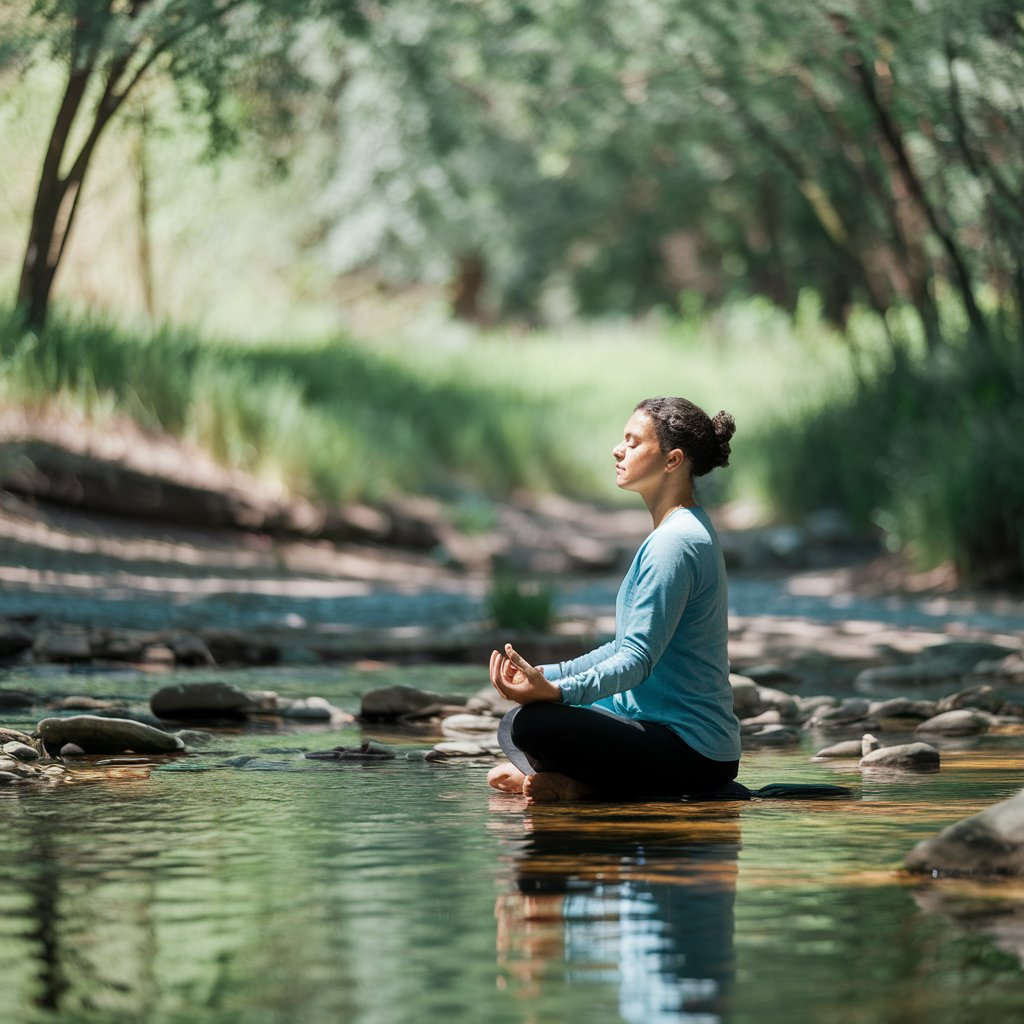 A serene scene showing a person meditating outdoors in a tranquil setting, surrounded by soft greenery and sunlight filtering through trees, emphasizing relaxation and focus.