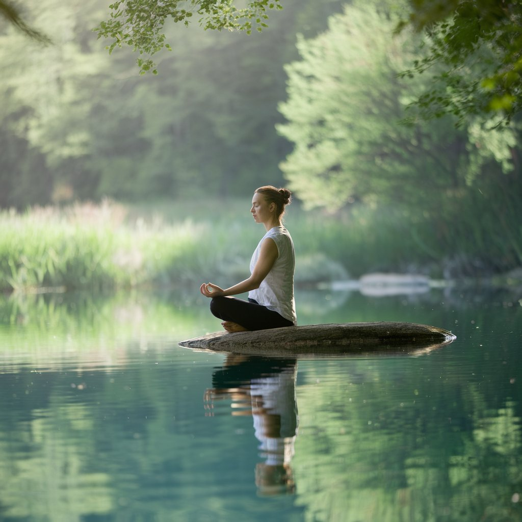 A serene scene meditation showing a person meditating outdoors in a tranquil setting, surrounded by soft greenery and sunlight filtering through trees, emphasizing relaxation and focus.