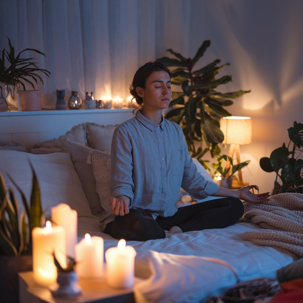 A cozy bedroom setting with dim lighting, soft pillows, and a person sitting cross-legged on a bed practicing meditation, surrounded by a calm and peaceful atmosphere. meditation for sleep