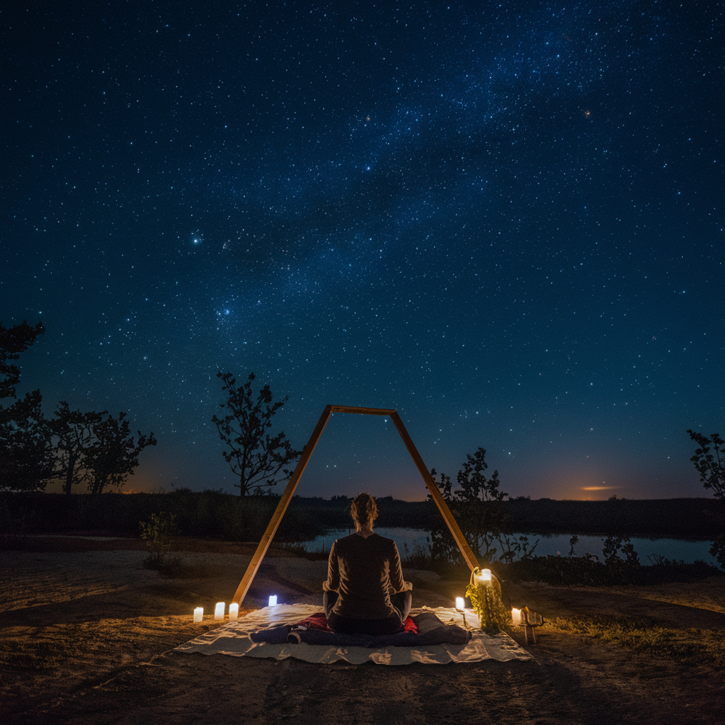 A tranquil night scene with a person meditating under a starry sky, accompanied by soft candlelight and aromatherapy oils in the foreground.