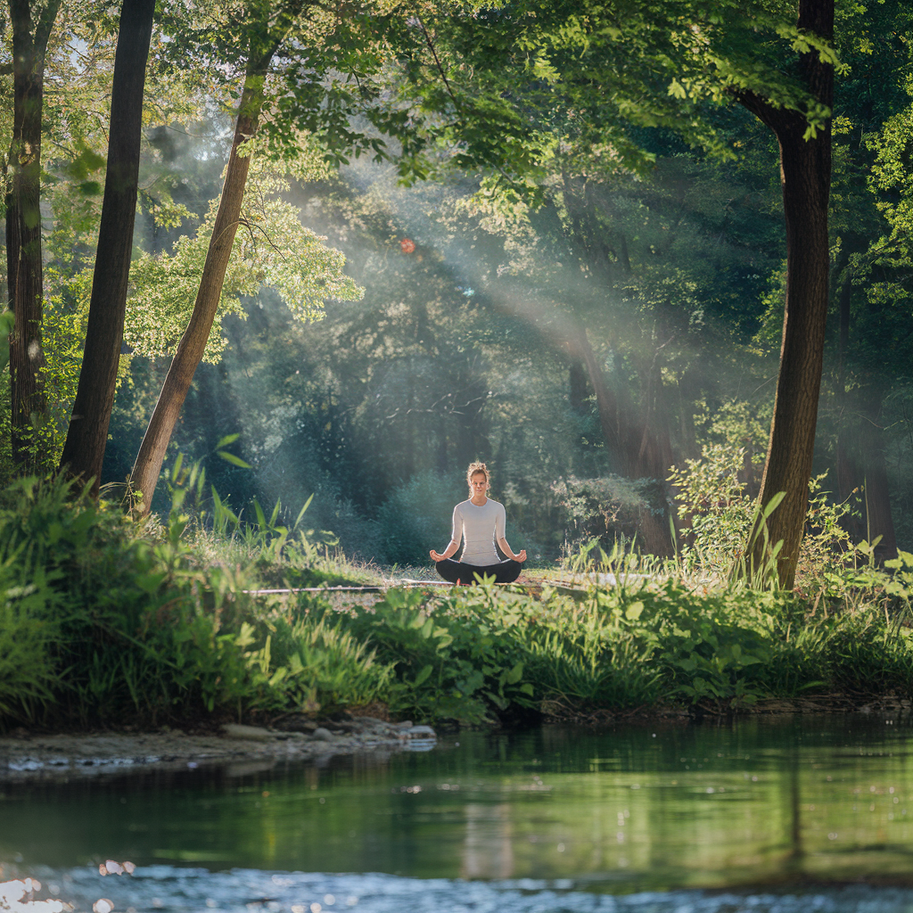 An outdoor benefits of meditation  setting in a serene forest, with a person sitting in a lotus position near a calm river, soft sunlight streaming through the trees, and vibrant greenery creating a tranquil atmosphere.