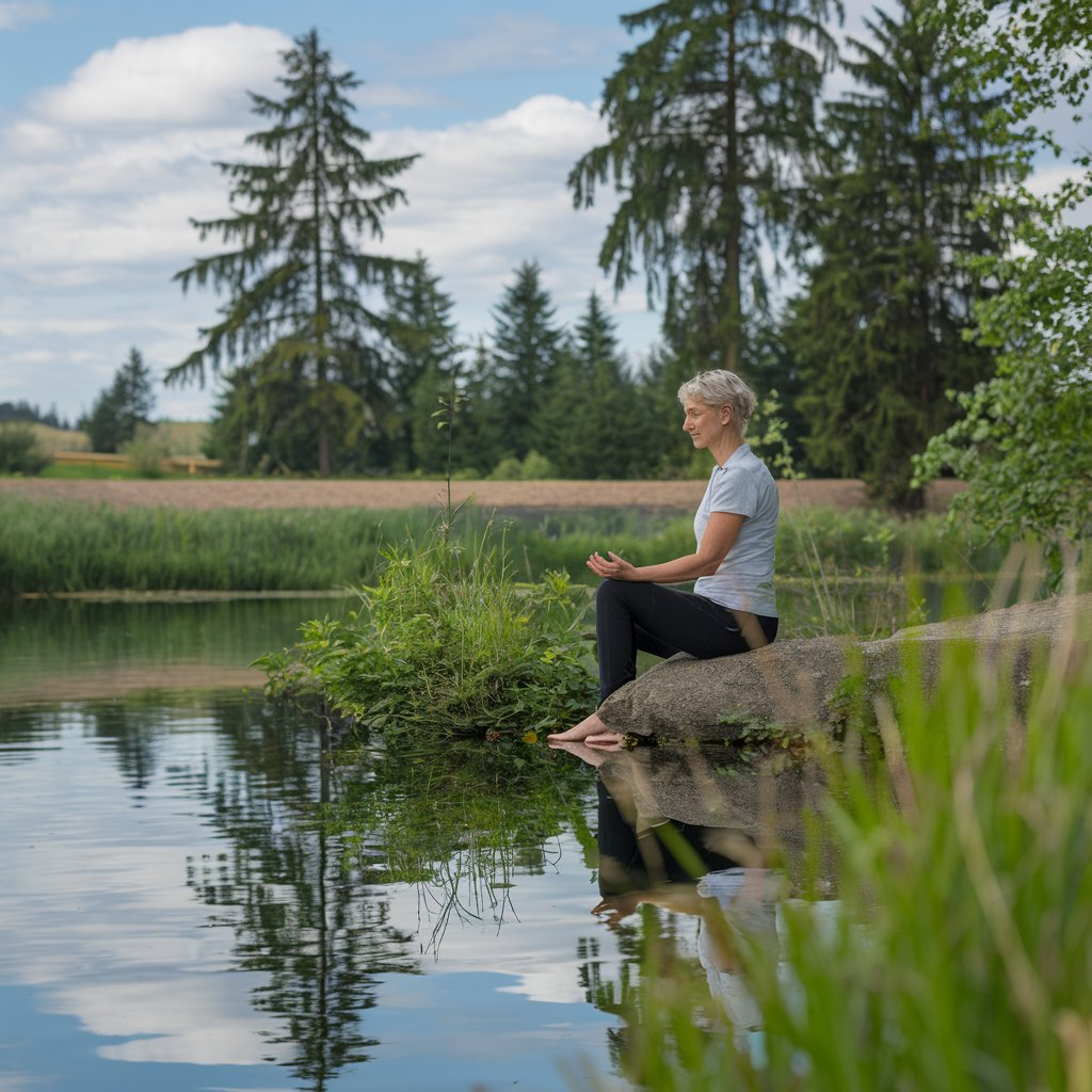 A peaceful individual sitting in a serene outdoor setting, reflecting in a state of mindfulness.